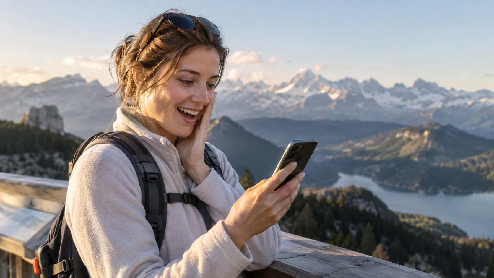 Illustration d’une visiteuse découvrant son souvenir vidéo sur son smartphone